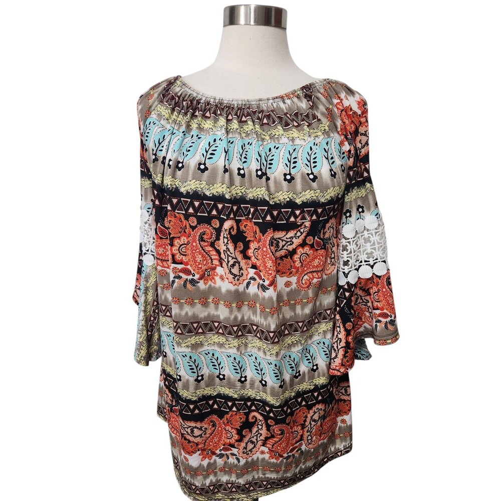 Win Win Womens Paisley Print Tunic Top L-XL Bell Sleeve Lace Trim Elastic Neck